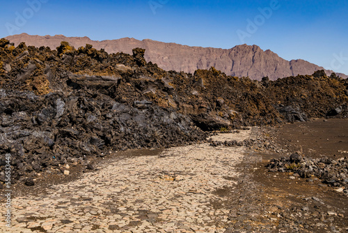 The paved road through the crater of Pico do Fogo has been completely covered by lava, Cape Verde