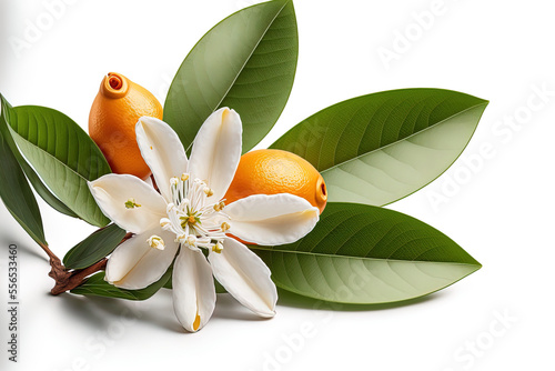 White background with single orange bloom white flower and buds. citrus blossom neroli. Generative AI photo