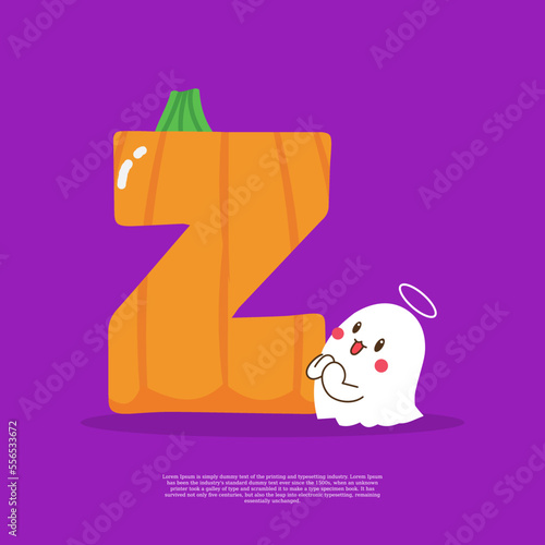 Pumpkin plus letter Z with cute ghost emoji sticker beside it vector illustration.