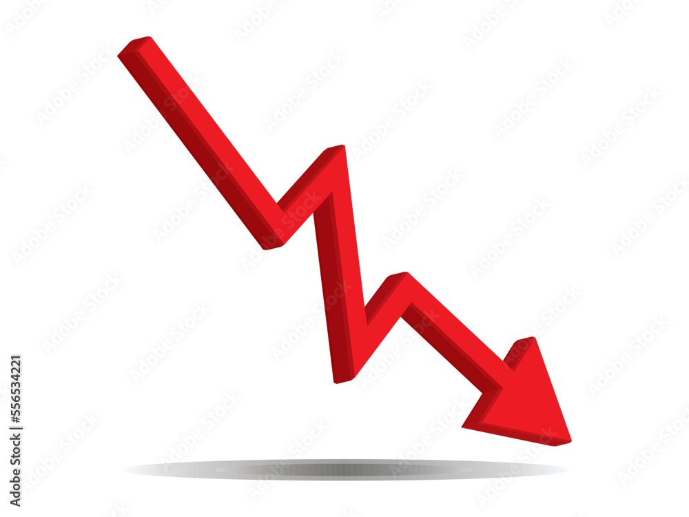 Red 3d arrow going down stock icon on white background. Bankruptcy, financial market crash icon for your web site design, logo, app, UI. graph chart downtrend symbol.chart going down sign. Red 3d arrow going down stock icon on white background. Bankruptcy, financial market crash icon for your web site design, logo, app, UI. graph chart downtrend symbol.chart going down sign.