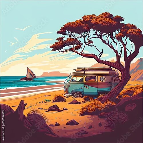 Canvas-taulu Camper, Vanlife style, poster  illustration, cover. Ai Generative
