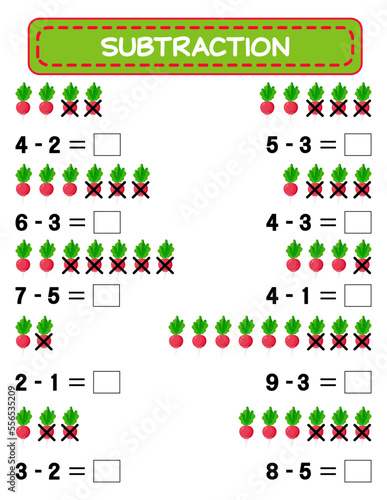 Subtraction.  Math worksheet for kids. Developing numeracy skills. Solve examples and write. Mathematics. Vector illustration.Educational math children game. Subtraction for kids