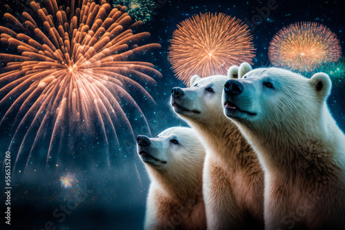 Wallpaper Mural three polar bears watching a beautiful display of fireworks in the dark sky above them, polar bear family at new year, Generative AI Torontodigital.ca