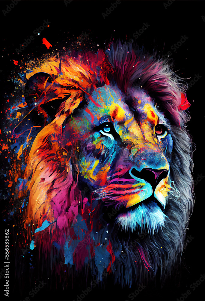 A bright portrait of a lion in a painted style, Pop Art Painting. Generative AI	