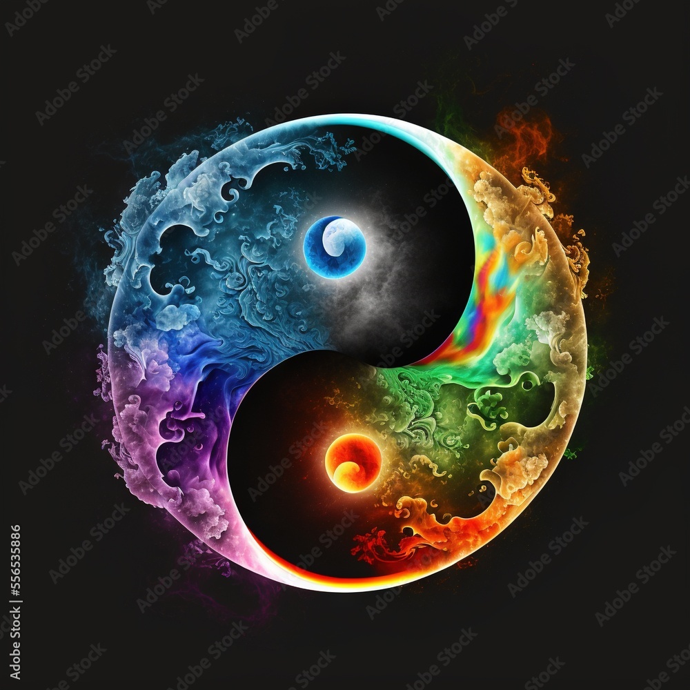 a colorful yin - yang symbol with a black background and a black background  with a white circle and a blue circle with a red circle. Generative AI  Stock Illustration | Adobe Stock