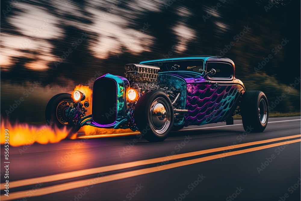 a car driving down a road with flames coming out of the back of it's ...