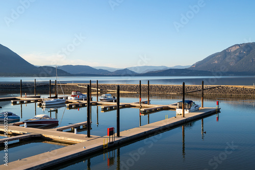 Shuswap Lake  Salmon Arm Wharf  Canada at sunset with boats