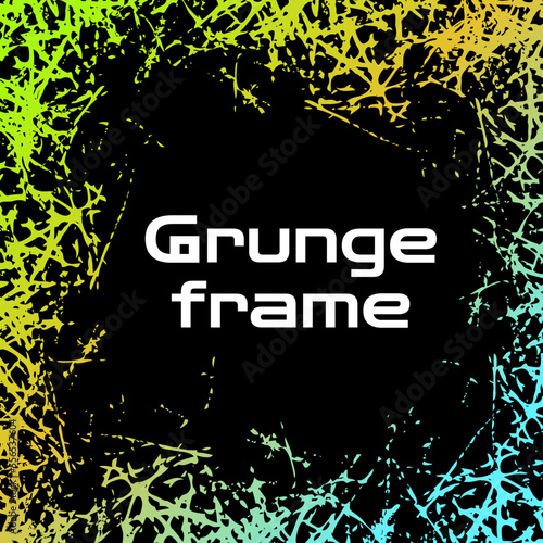 Modern frame in grunge design. Vector empty graphic border with multicolor scraping effect on black background