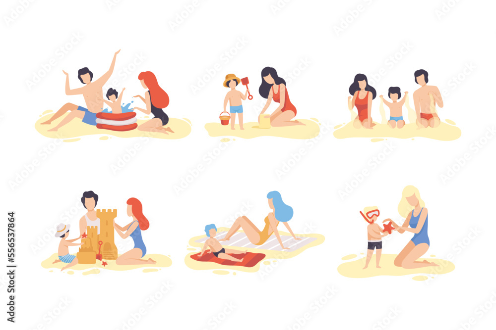 Family at Beach Scene with Father, Mother and Kid Having Fun Together Vector Set