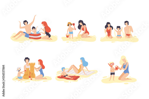 Family at Beach Scene with Father, Mother and Kid Having Fun Together Vector Set
