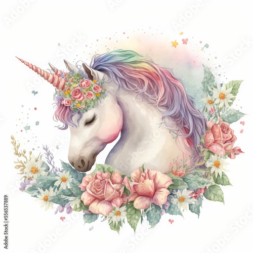  a unicorn with a flower crown on its head and flowers around it's neck. generative ai photo