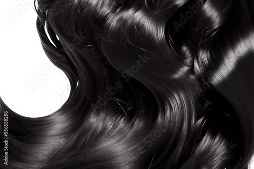 Curly black long hair, close up of hair extensions, isolated on white backdrop. Generative AI