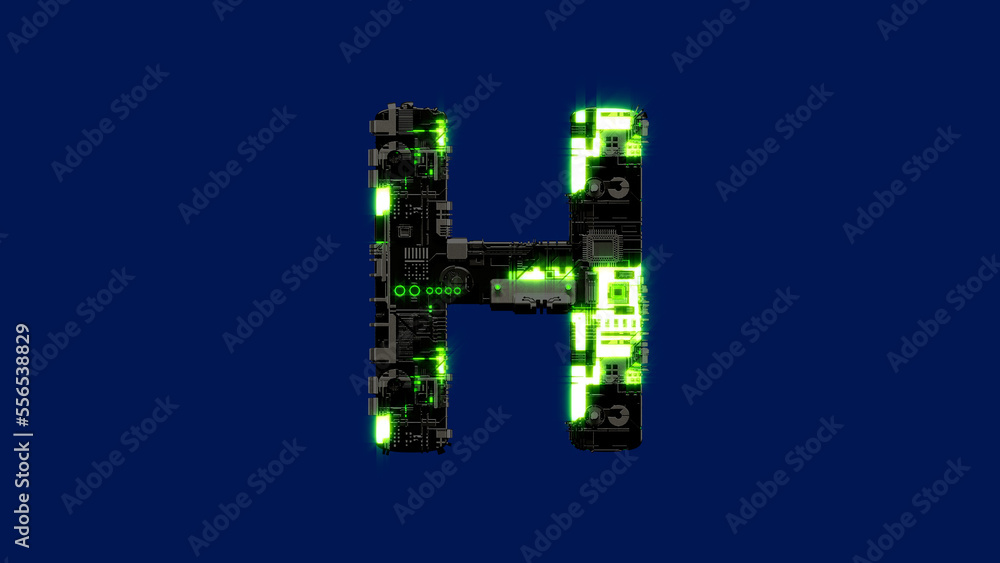 letter H - dark grunge metal scrap alphabet with glowing green, isolated - object 3D illustration letter H - dark grunge metal scrap alphabet with glowing green, isolated - object 3D illustration