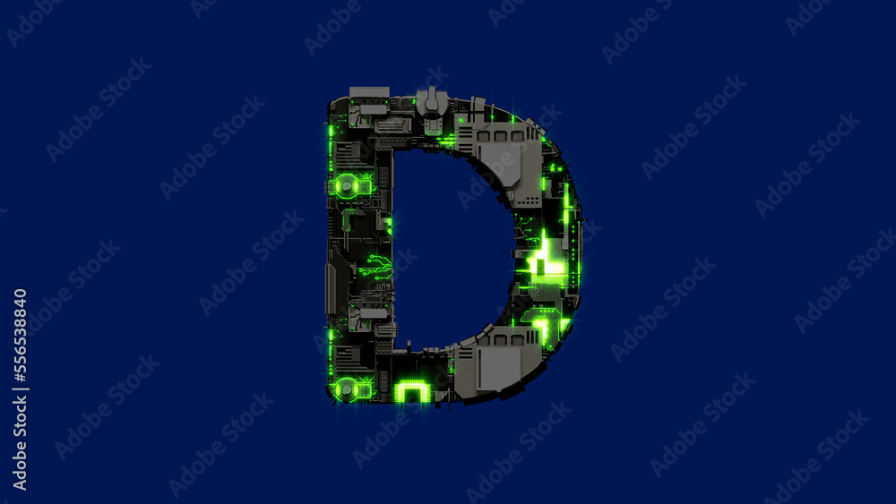 letter D - dark grungy metal scrap font with shining green, isolated - object 3D rendering letter D - dark grungy metal scrap font with shining green, isolated - object 3D rendering