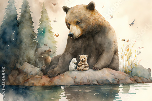 watercolor illustrations for bear tales. Generative AI photo