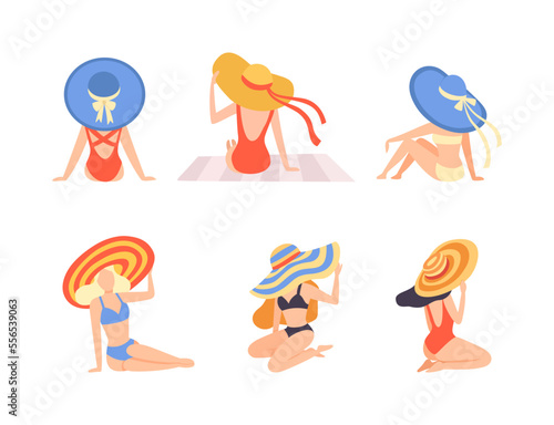 Young Woman in Swimsuit and Wide Brimmed Hat at Sea Shore Sunbathing Vector Set