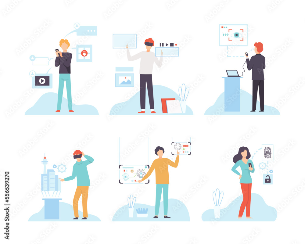 Man and Woman Character Using Wireless Digital Technology Vector Set Man and Woman Character Using Wireless Digital Technology Vector Set