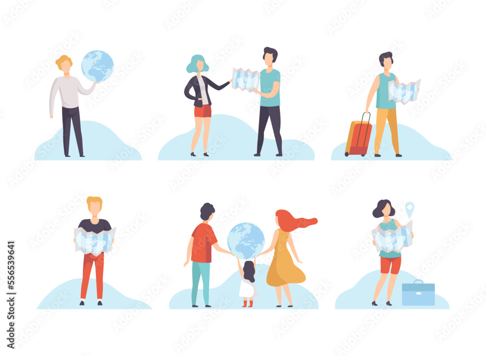 People Characters with Globe and Map Planning Travel Vector Set