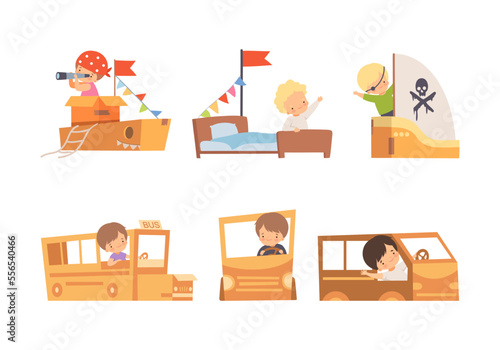 Cute Creative Little Boy Playing Cardboard Handmade Toy Vector Set