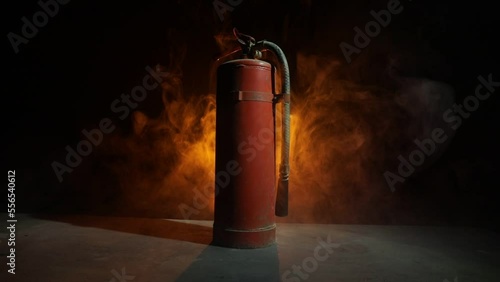 Fire protection concept. Old fire extinguisher on dark foggy background with light. Selective focus