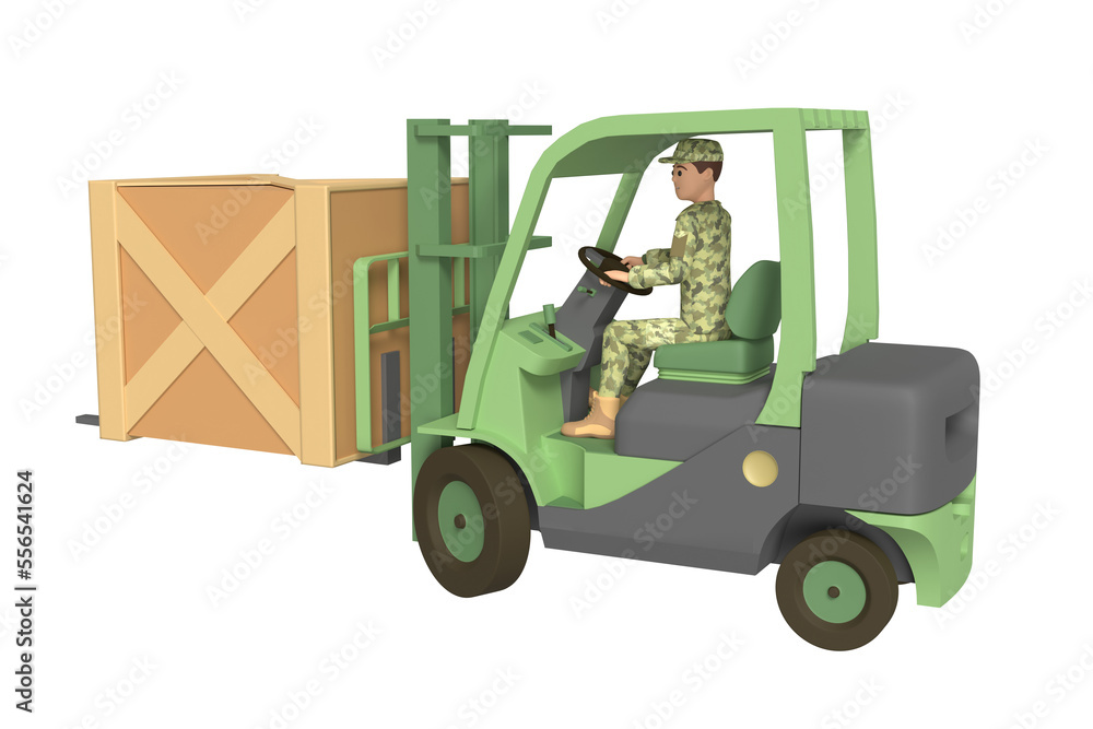 Man in military uniform are loading boxes with a forklift. 3d rendering Man in military uniform are loading boxes with a forklift. 3d rendering
