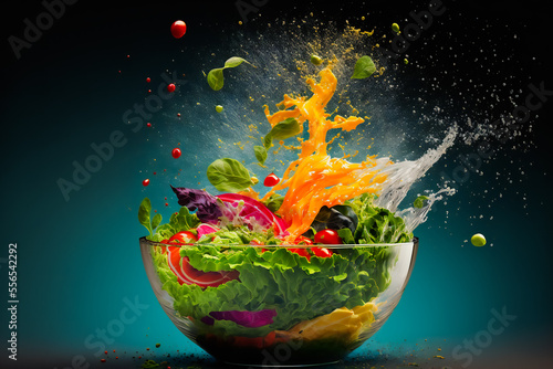 Fresh ingredients for salad falling into bowl on black background.  Image created with Generative AI technology.