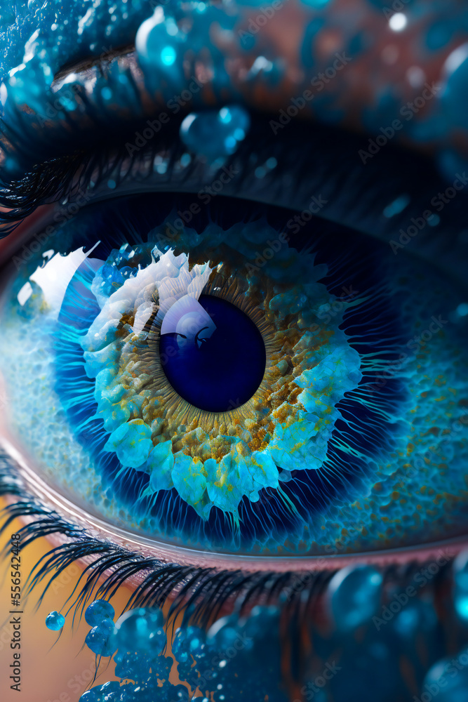 Blue human eye with makeup. Eye painting. Futuristic fantasy digital art, Image created with Generative AI technology.