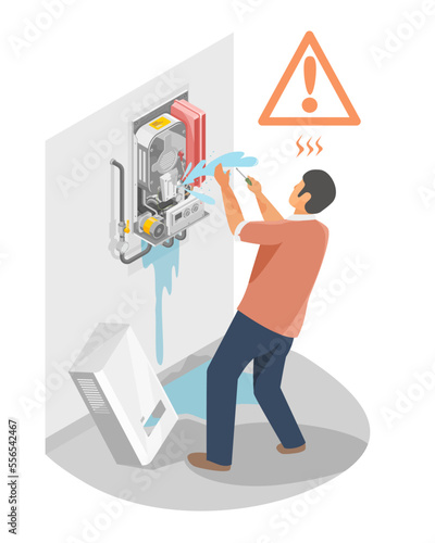 Do not Try to fix or repair Water Heater or any Electrical Problems at home by yourself no knowledge Danger Risk isometric isolated vector