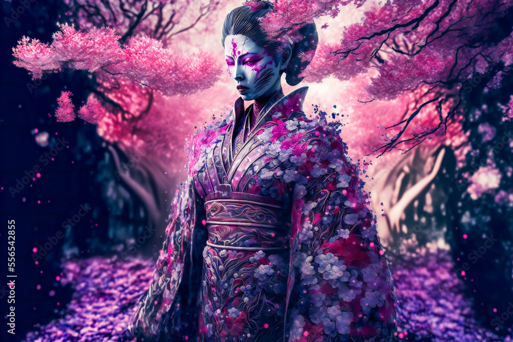 Geisha in an intricate kimono, sakura garden background. Young pretty