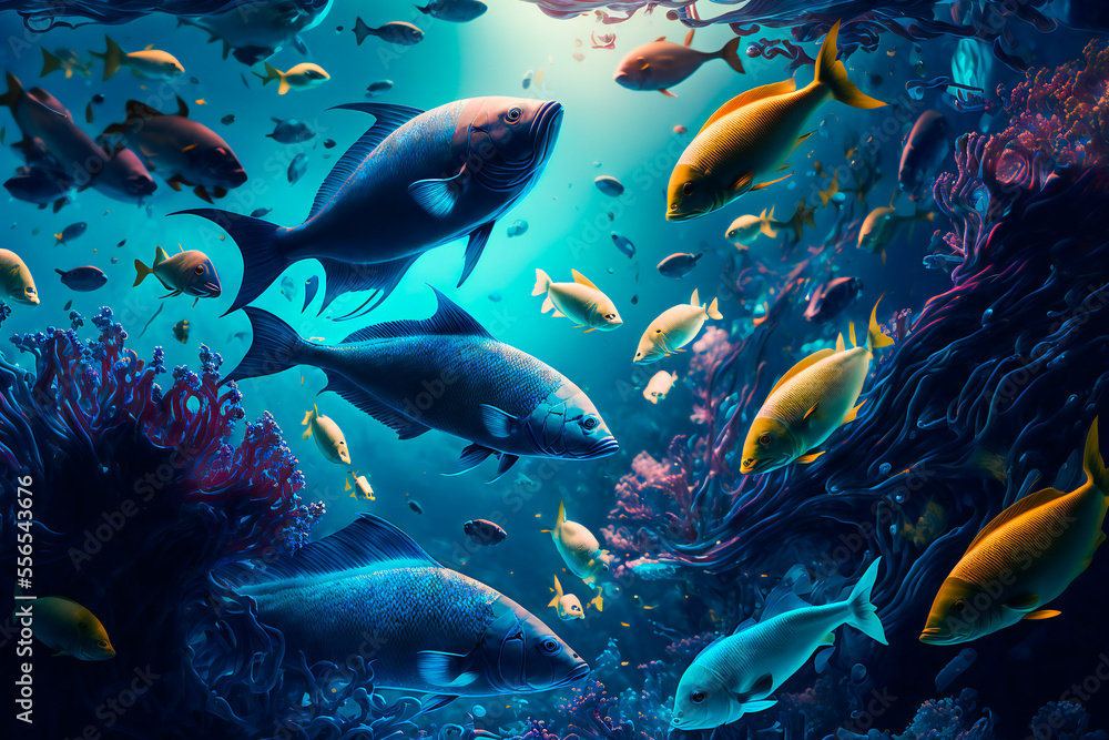 Obraz premium Underwater wild world. Tropical fishes. Image created with Generative AI technology.