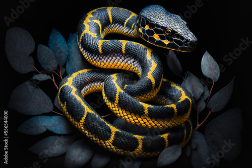  close up of a snake on a black background. Generative AI.