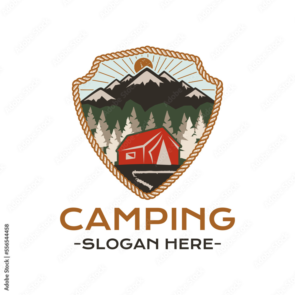 Camping Adventure badge design with mountains, tent and landscape. Travel logo graphics. Stock vector retro label Camping Adventure badge design with mountains, tent and landscape. Travel logo graphics. Stock vector retro label