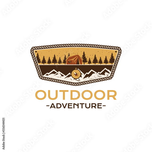 Outdoor Adventure badge design with mountains, tent and landscape. Travel logo graphics. Stock vector camping label