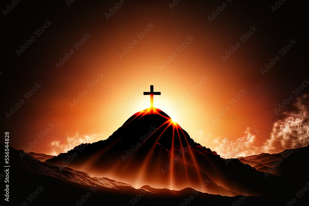 Concept of Jesus Christ's Resurrection Sunrise backdrop with a cross silhouette on a hill. Generative AI