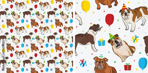 Fototapeta Naklejka Na Ścianę i Meble -  Happy Birthday Pattern with English Bulldog in a party hat, seamless texture. Repeatable textile, wrapping paper, white background graphic design. Holiday wallpaper with dogs, confetti. Funny art set.