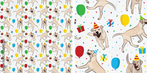 Happy Birthday Pattern with Labrador Retriever in a party hat, celebration seamless texture. Repeatable textile, wrapping paper, white background graphic design. Holiday wallpaper with dogs, confetti.