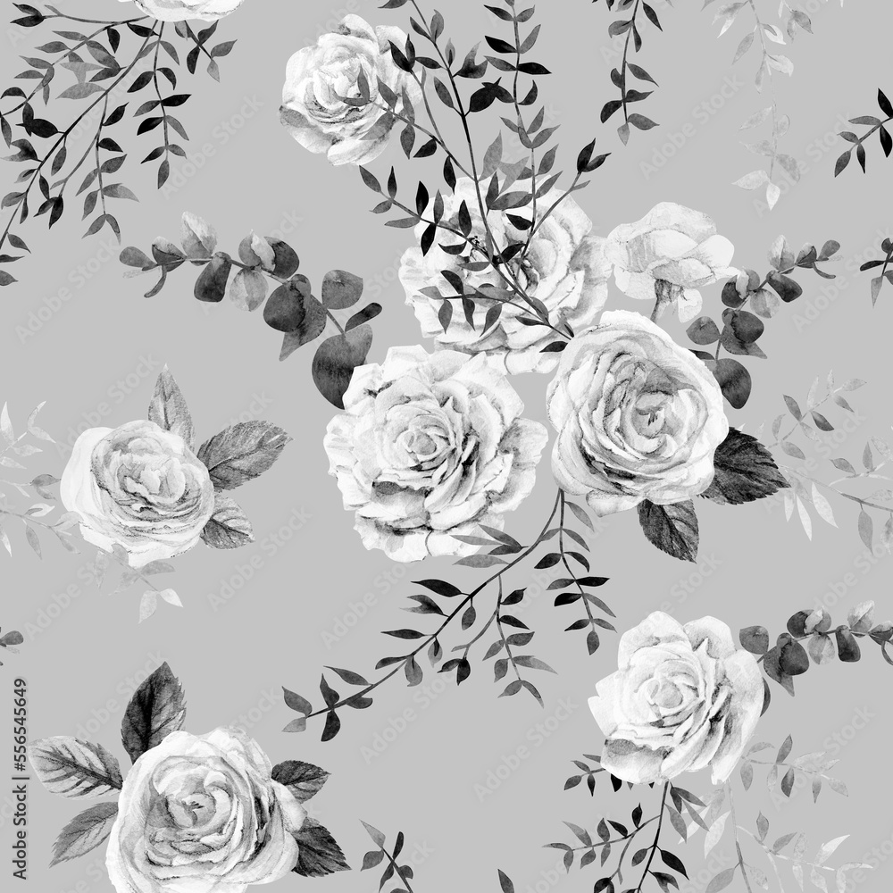 Seamless monochrome realistic pattern with watercolor roses and eucalyptus sprigs
