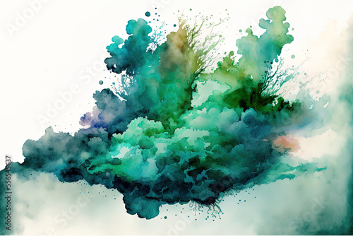 Watercolor mist cloud underwater explosion with floating ink Smoke haze flowed in hues of green, blue, and beige. Generative AI