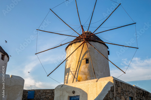 Famous windmills of Mykonos on famous Greek island with airport