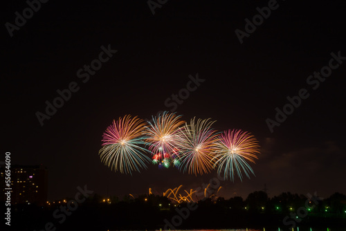 Beautiful blue and red fireworks with reflection in the pond