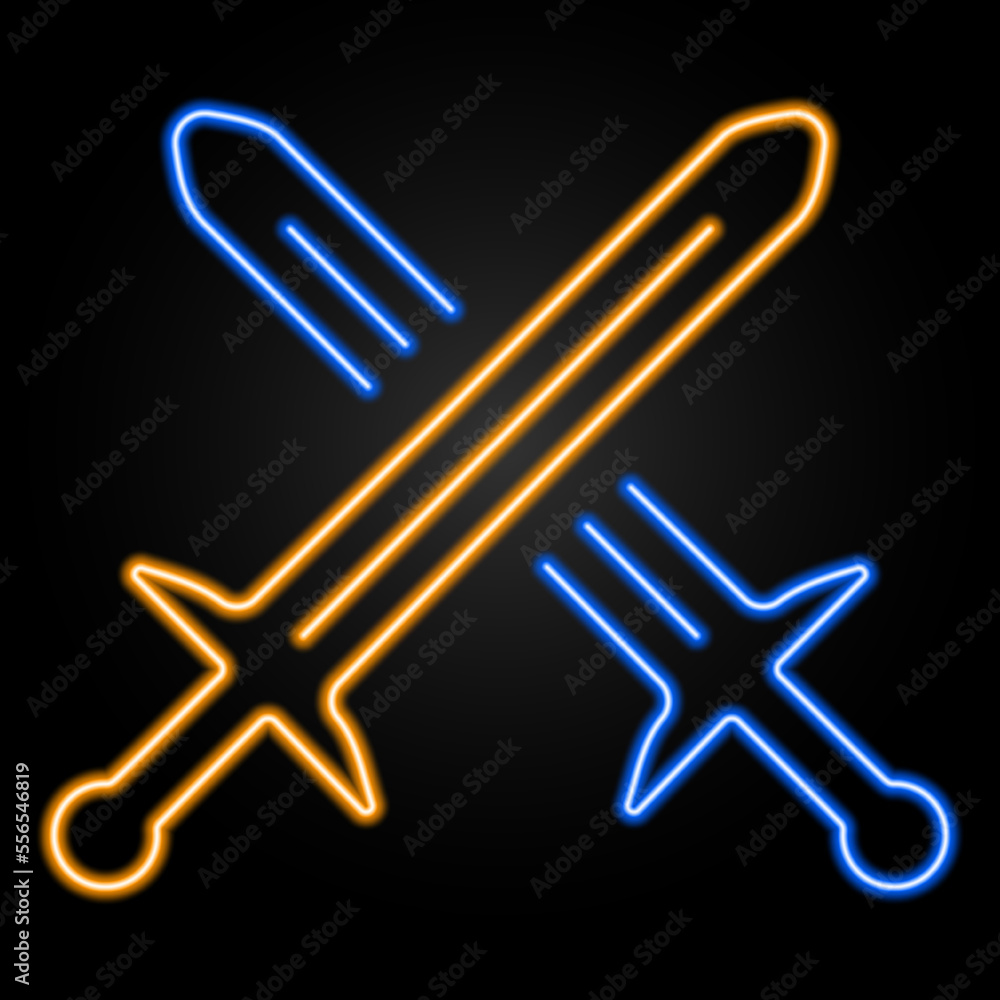 neon sign two swords, modern glowing banner design, colorful modern design trends on black background. Vector illustration. neon sign two swords, modern glowing banner design, colorful modern design trends on black background. Vector illustration.