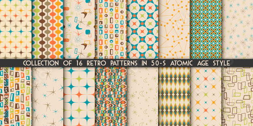 Collection of 16 fifties modern atomic retro seamless vector patterns. Big vintage trendy set. 50s textures photo