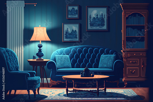 Blue sofa, chair, coffee table, and light in living room. parallax interior background for 2D animation including retro furnishings, a sofa with cushions, and a carpet. Generative AI