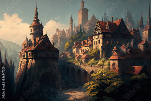 Canvas Print Panorama of a fictional medieval village in Europe