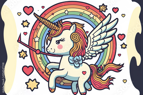 Cute unicorn Cupid soaring in the skies with a bow and arrow while holding a heart and a rainbow. A coloring sheet with a color scheme. an illustration in form. Coloring  cards  prints  designs