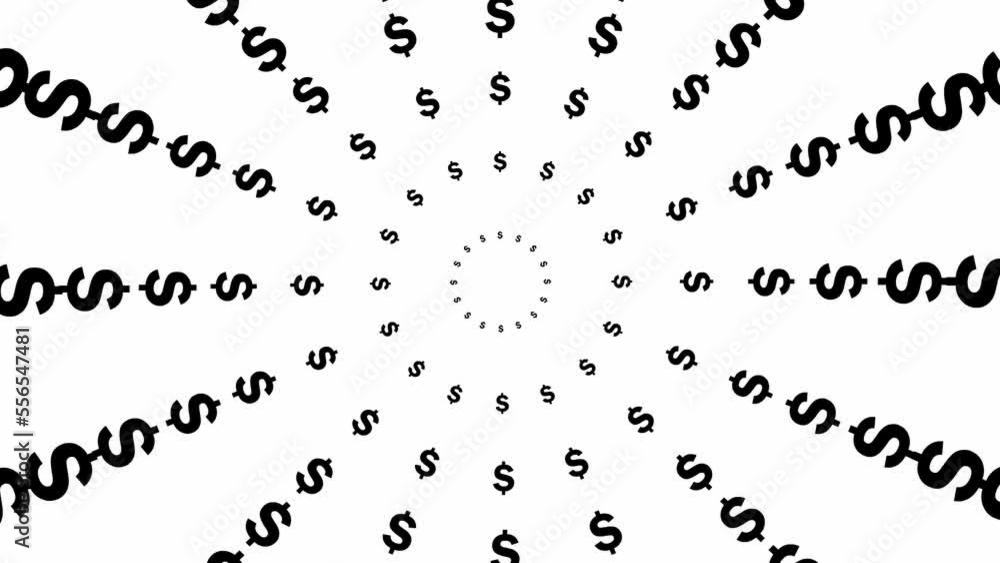 Animated increasing black dollar circles from the center. Abstract background. Looped video. Flat vector illustration isolated on white background.