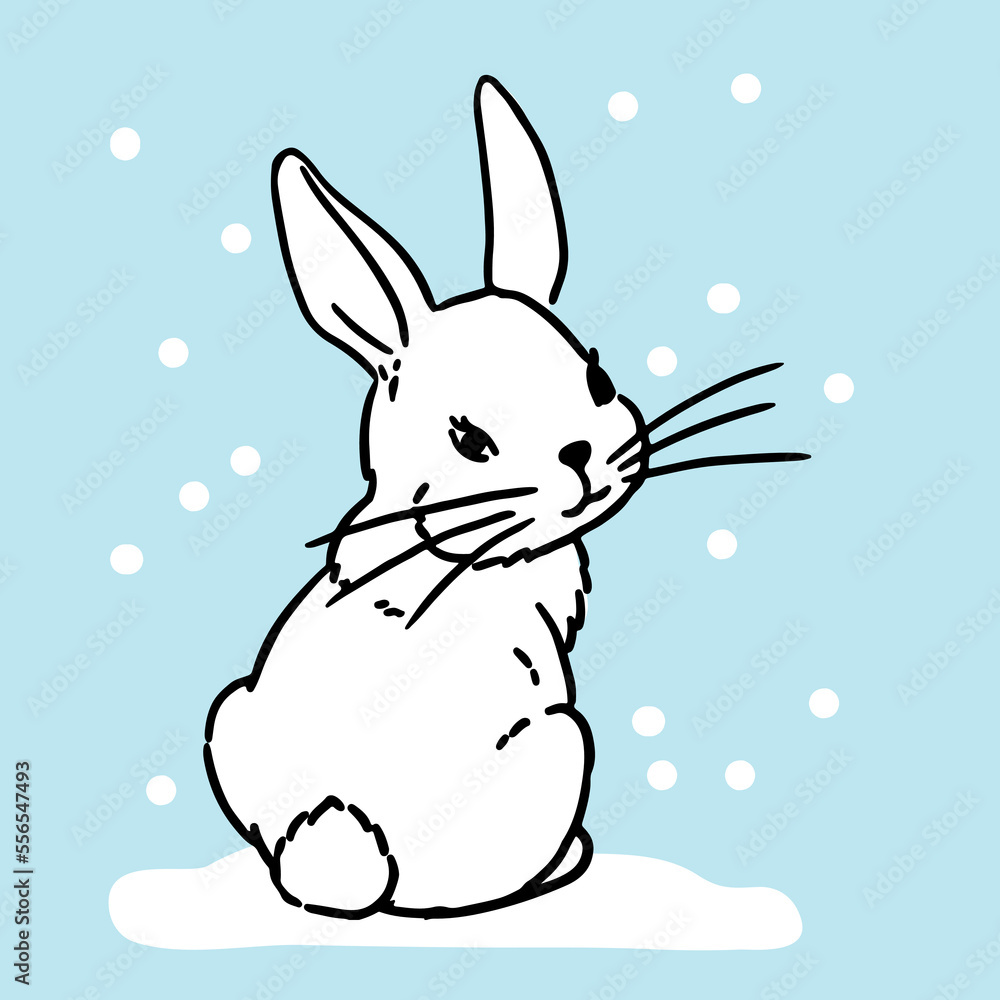 Vector illustration. Cute hand drawn bunny on snow Vector illustration. Cute hand drawn bunny on snow