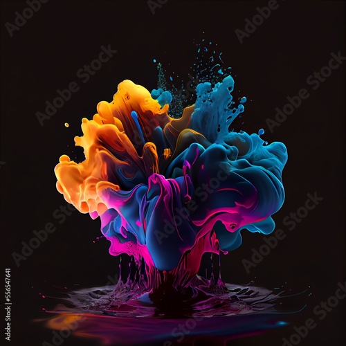 Acrylic color drop in water. Abstract paint explosion on black background. Colorful ink cloud. Generative AI