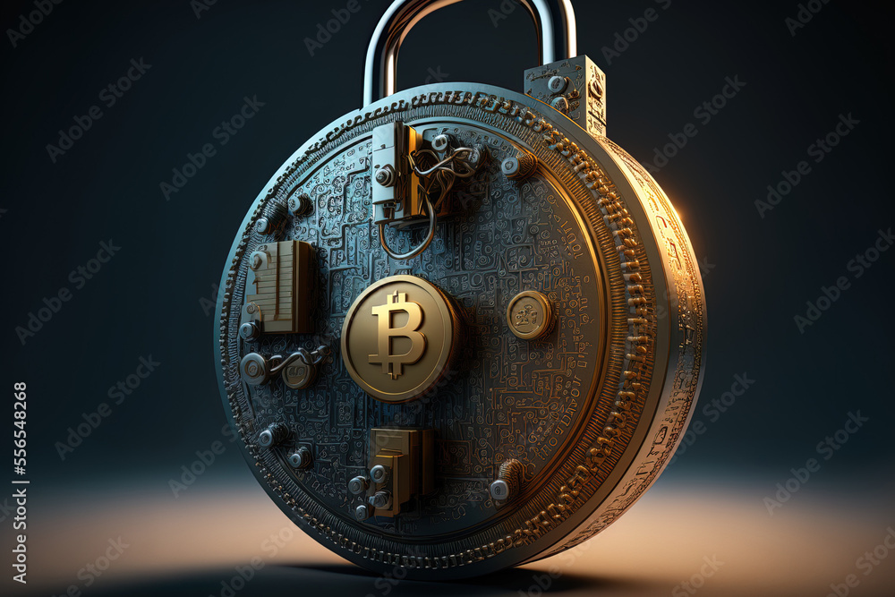 A padlock-adorned bitcoin coin notion of digital currency security. Generative AI