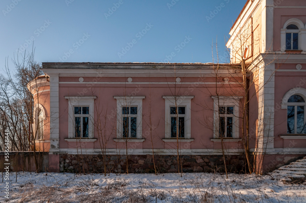 Exterior of an abandoned old historic palace mansion in Poland in Central Europe